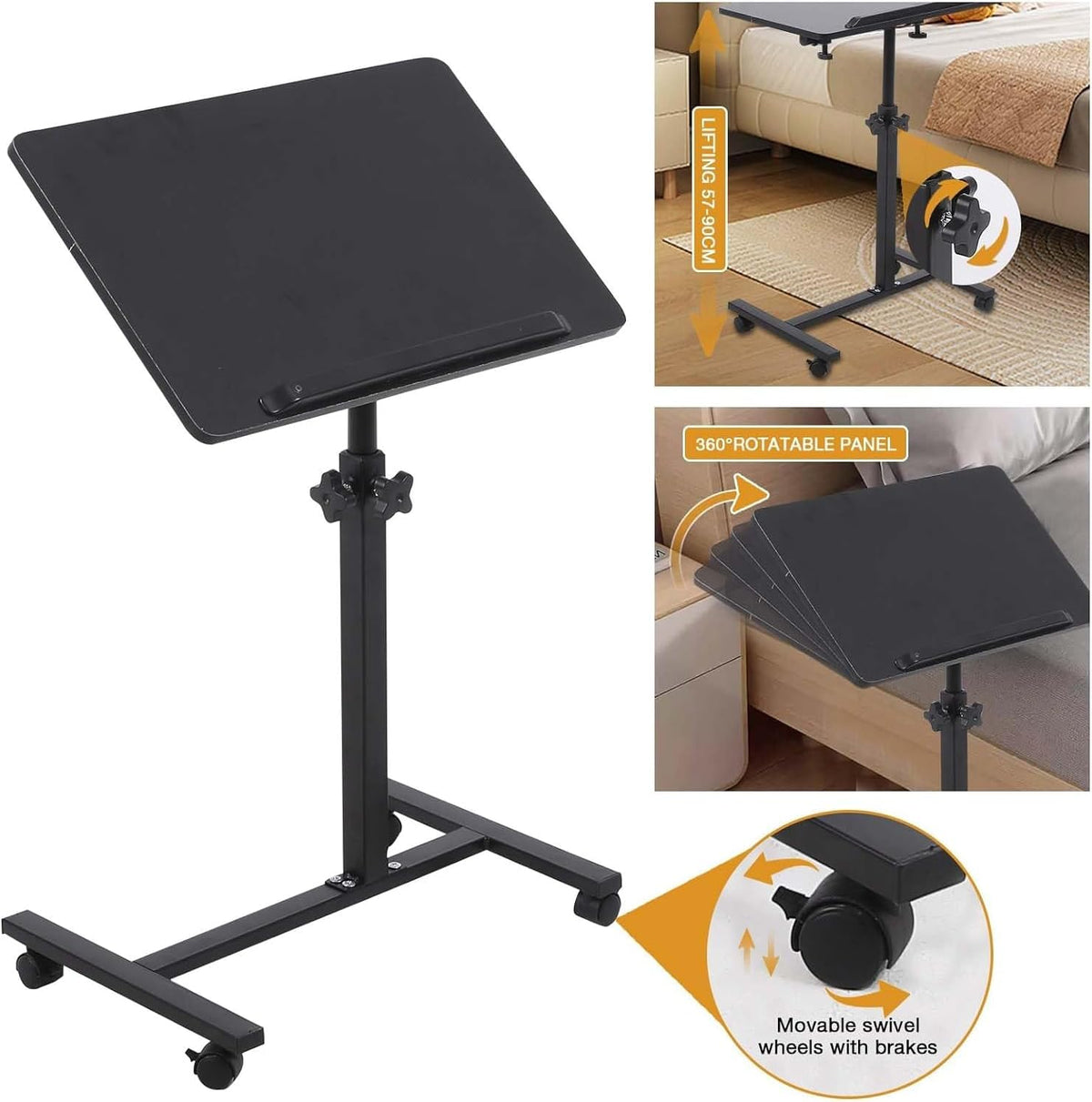 Adjustable Overbed Bedside Table with Wheels Black V557818