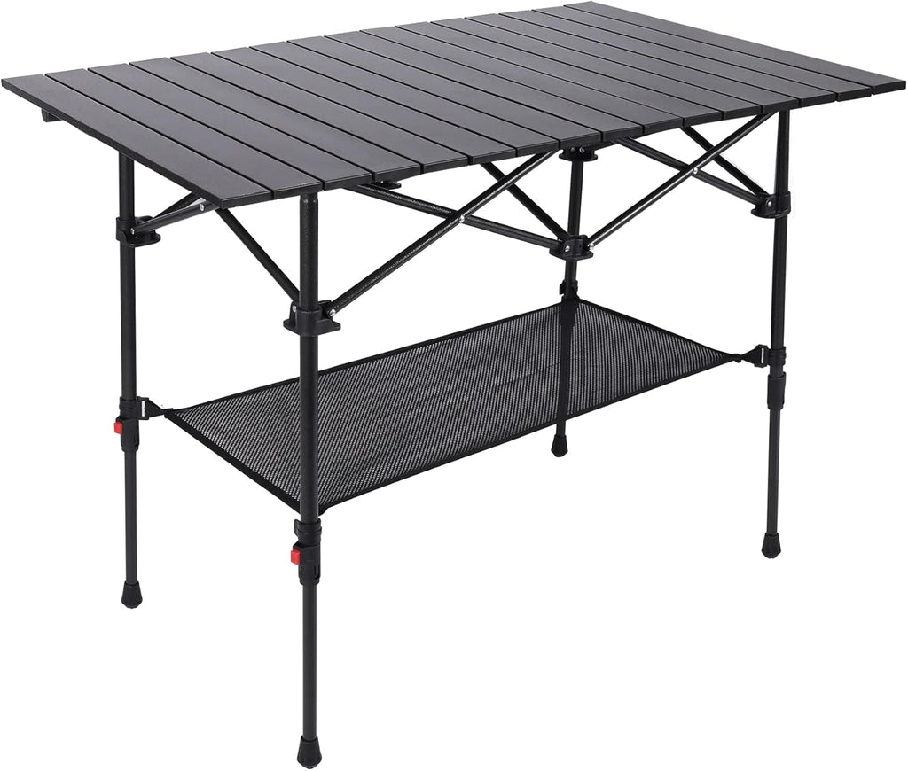 Aluminum Camping Table Roll Top with Mesh Storage, Folding Lightweight, Black, 37.4x25 Inch R7435