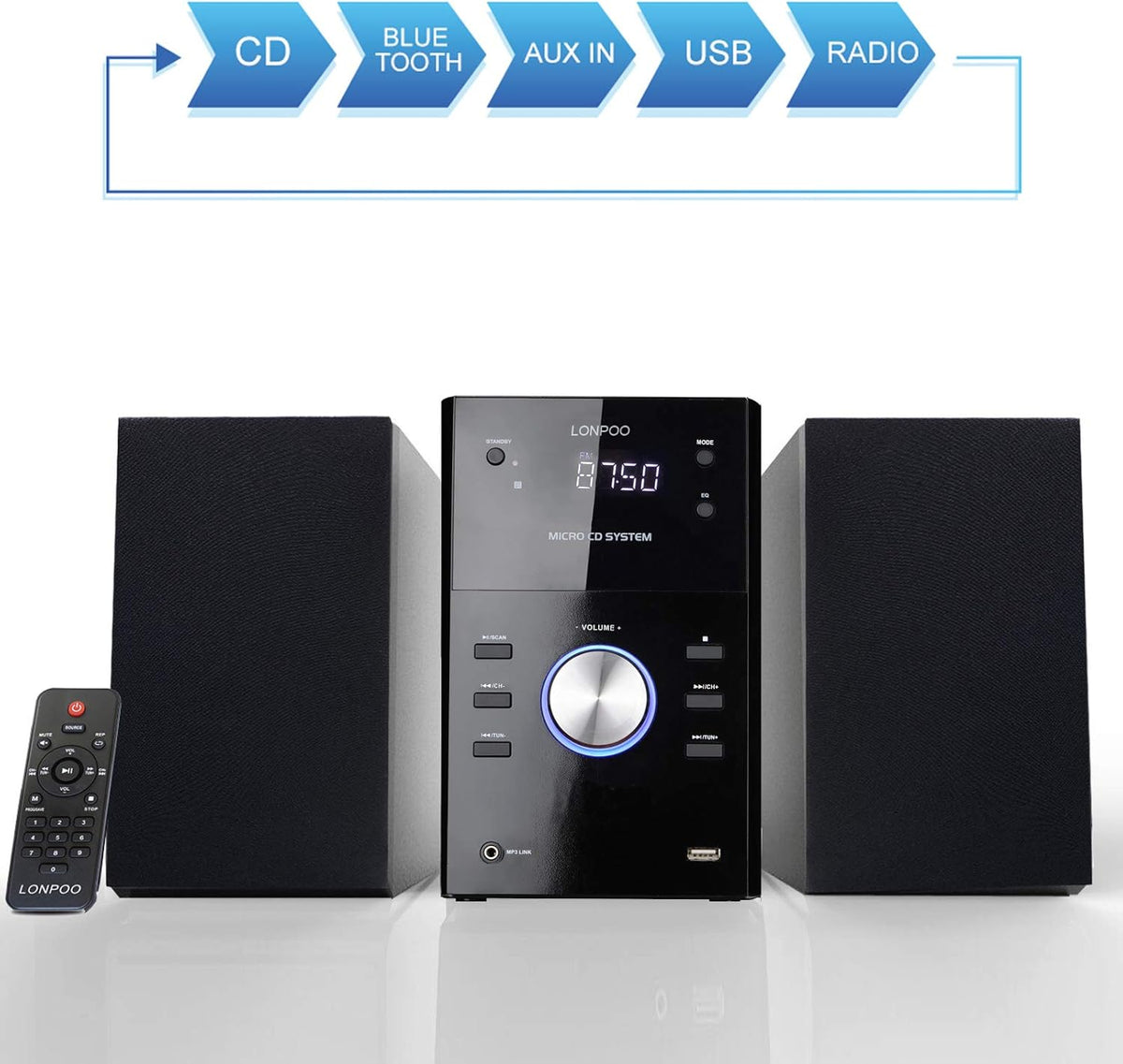 Micro Shelf System with CD Player, Bluetooth, FM Radio, USB Port, AUX-in, Remote Control, LED Display E510399