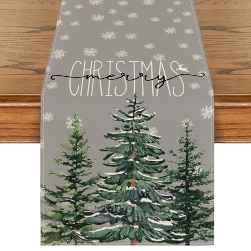 Beige Pine Tree Snowflake Merry Christmas Table Runner 13 x 72 Inch G268