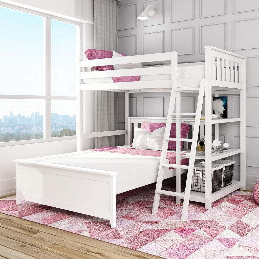 White L Shape Bunk Bed with Bookcase V801