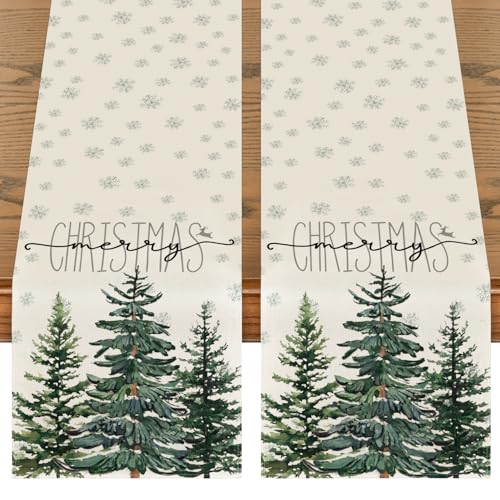 Beige Pine Tree Snowflake Merry Christmas Table Runner 13 x 72 Inch G268
