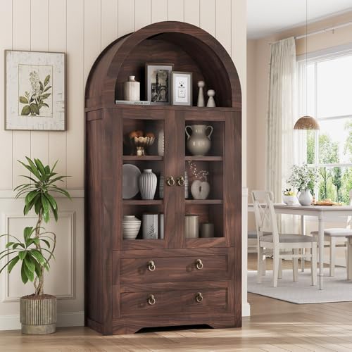 Brown Arched Bookshelf Pantry Storage Cabinet with Drawers Doors and Shelves Z837