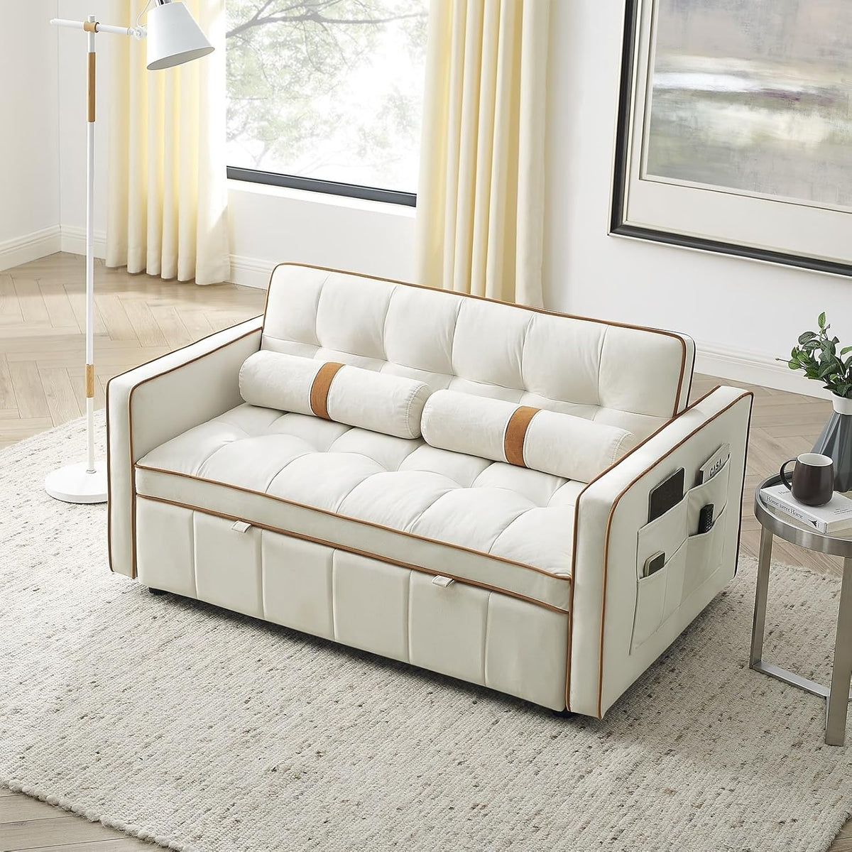 Beige 2 Seater Sleep Sofa Bed with Side Pockets A7617