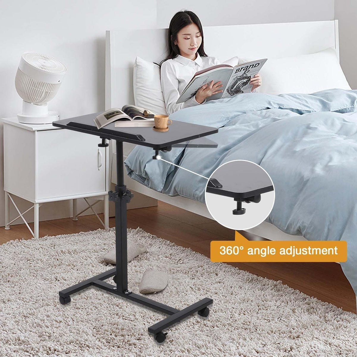 Adjustable Overbed Bedside Table with Wheels Black V557818