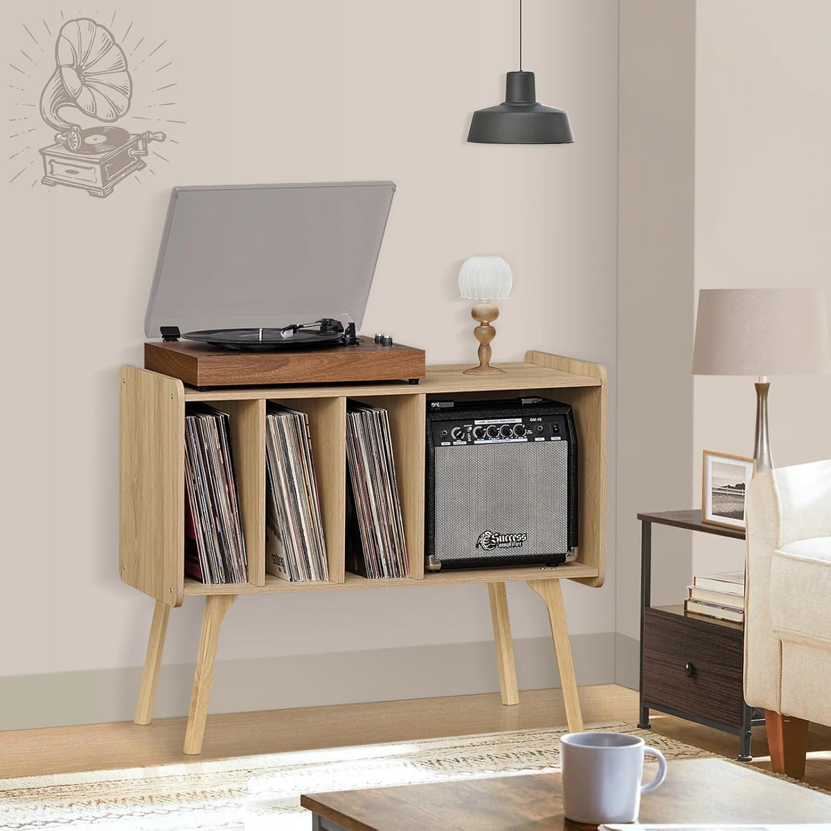 Record Player Stand with 4 Cabinet, Beech Wood Legs, Natural Vinyl Holder Storage Shelf L8132