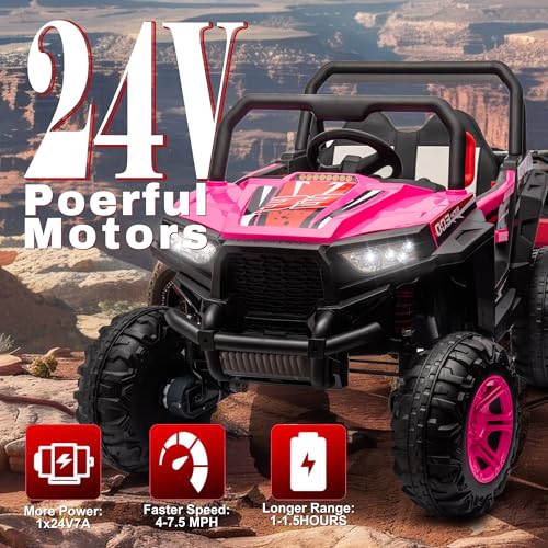 24V Ride on Car Kids Side by Side with Remote Control, 2 Seater 4WD Kids UTV Off-Road Power Wheels, Battery Powered Kids Cars to Drive w/ 4x100W Engine, 3 Speeds, Bluetooth, LED Lights (Pink) Z806764