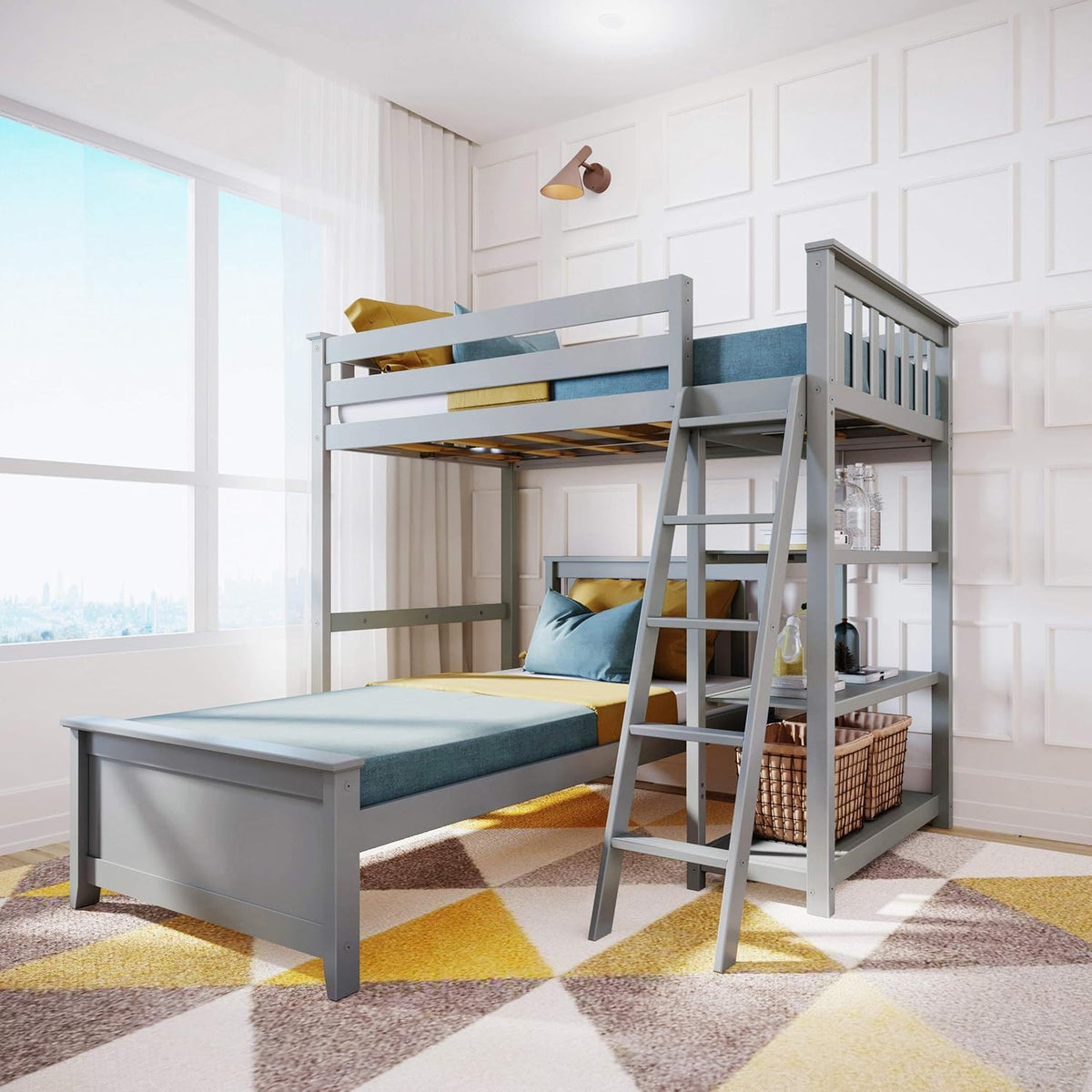 White L Shape Bunk Bed with Bookcase V801