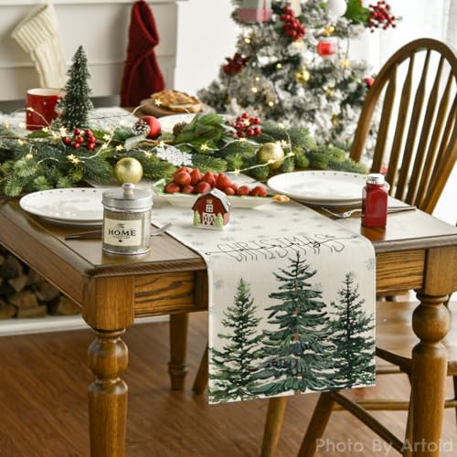 Beige Pine Tree Snowflake Merry Christmas Table Runner 13 x 72 Inch G268