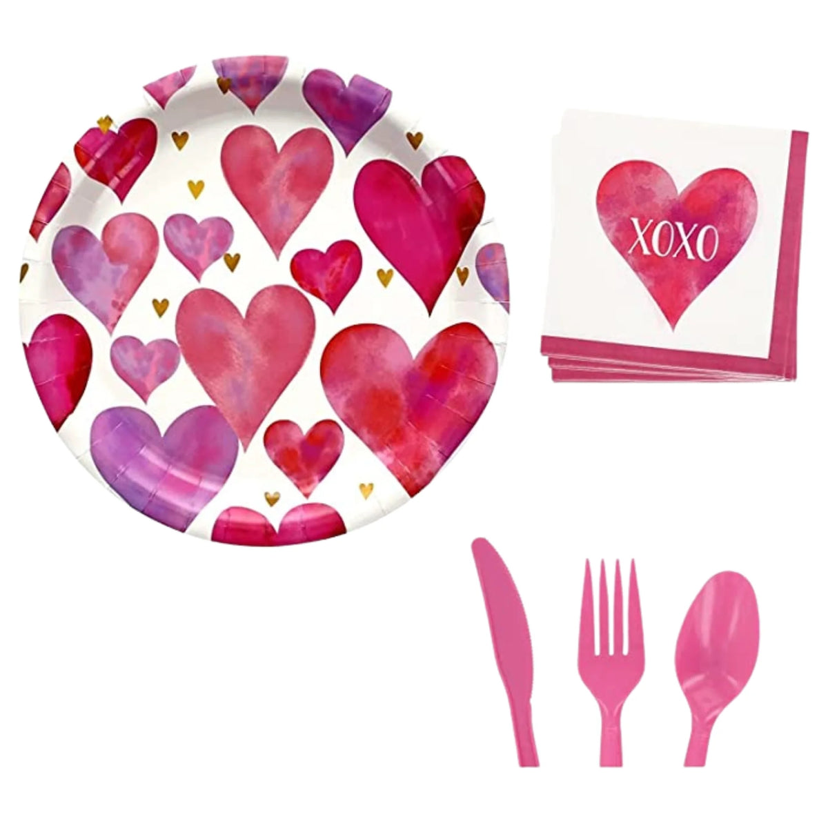 Round Paper Plates with Napkins and Pink Plastic Utensils Disposable Tableware Set of 3 L6455