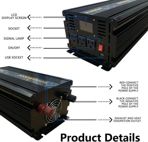 2000W Power Inverter 12V DC to 120V AC with LCD Display USB Port Y75660