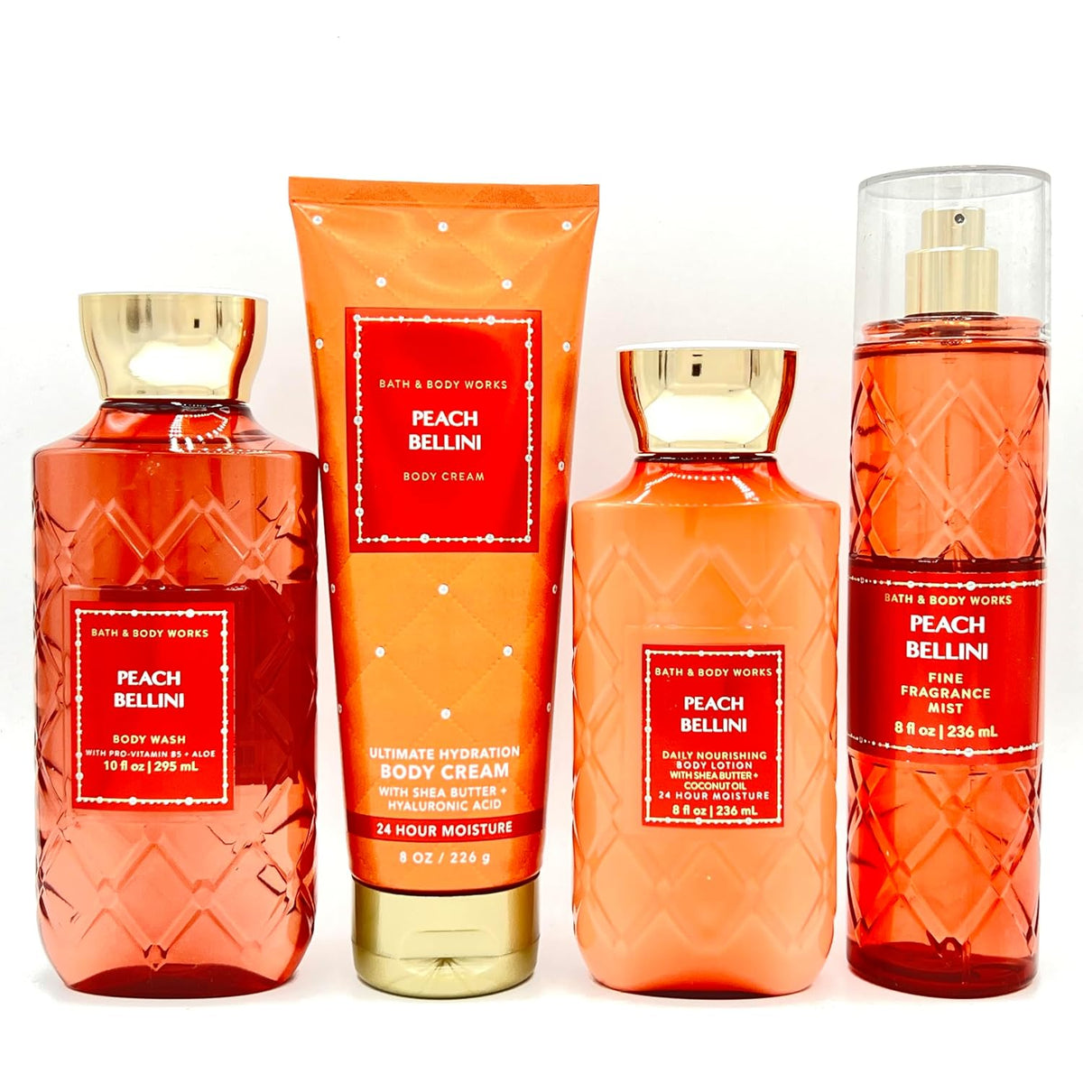 Peach Bellini 4-Piece Bundle Body Wash Body Cream Body Lotion Fine Fragrance Mist A81156