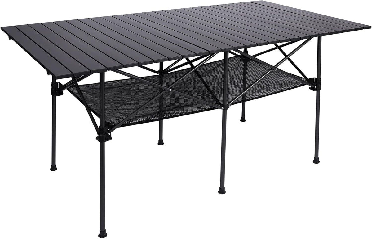 Aluminum Camping Table Roll Top with Mesh Storage, Folding Lightweight, Black, 37.4x25 Inch R7435