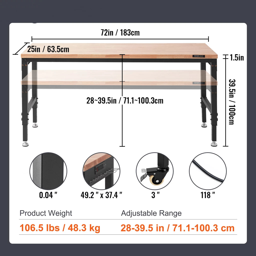 Adjustable 72" L X 25" W Workbench with Universal Wheels, 3000 LBS Load Capacity Q295838