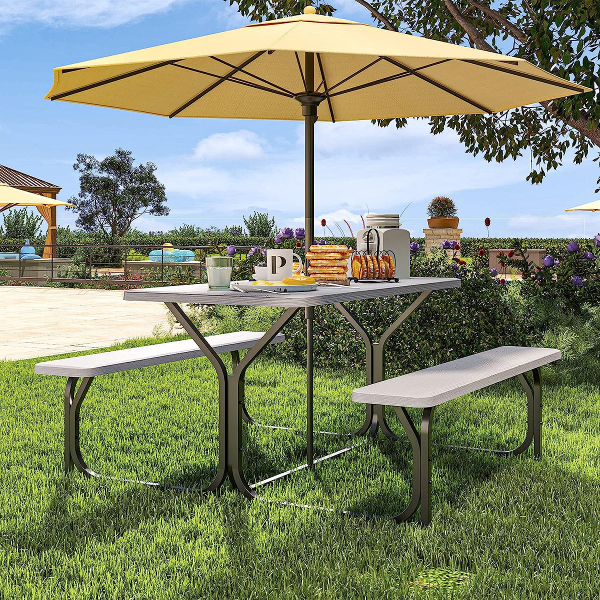 6 ft Picnic Table Bench Set with Umbrella Hole S690