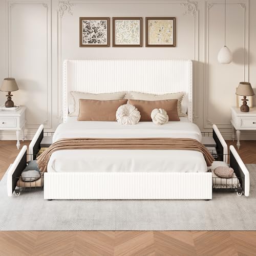 King Size White Corduroy Upholstered Platform Bed Frame with 4 Storage Drawers X574