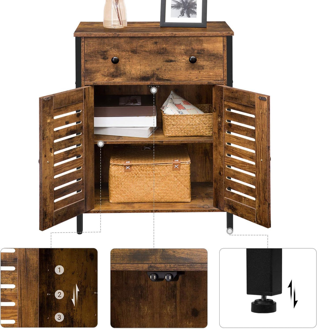 Rustic Brown Kitchen Sideboard Floor Storage Cabinet with Drawers and Height-Adjustable Shelves Q8594