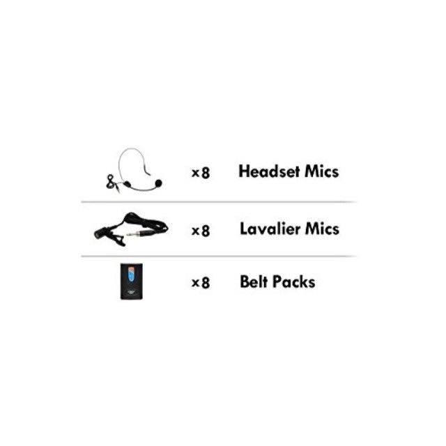 8 Channel Wireless Microphone System with 8 Clip Lavalier Lapel & 8 Headset Microphones, Receiver Base A2489