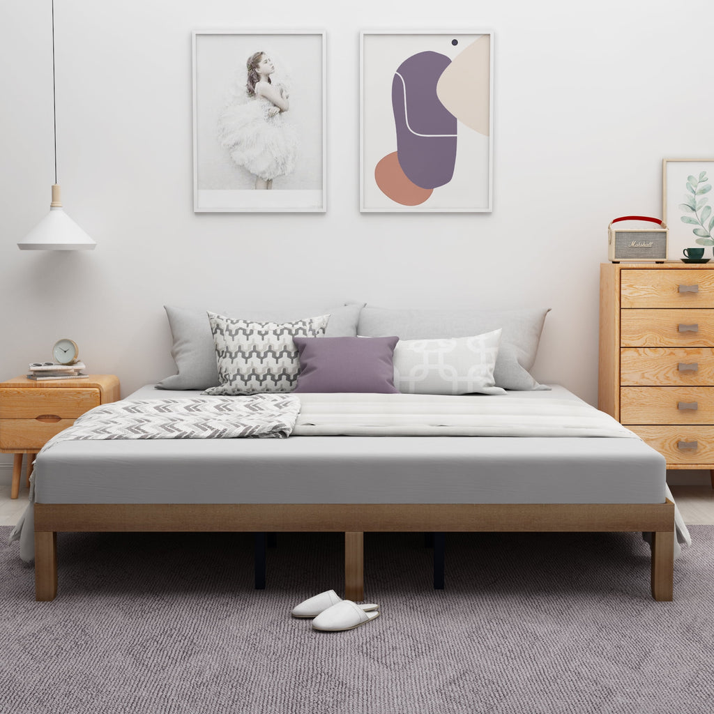 King Size Brown Wooden Platform Bed Frame with Wood Slat Support F67406