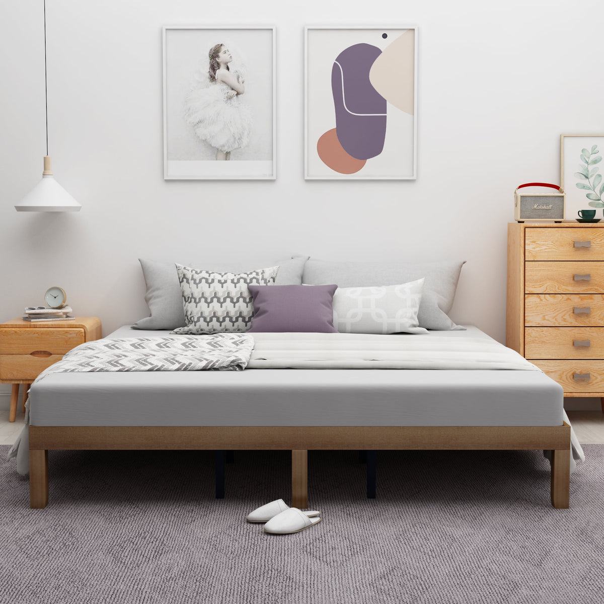 King Size Brown Wooden Platform Bed Frame with Wood Slat Support F67406