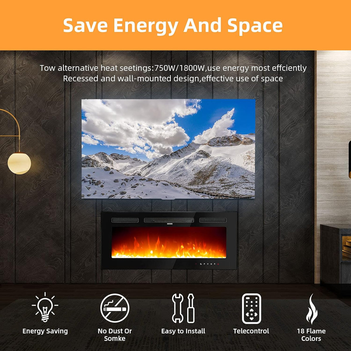 Freestanding Electric Fireplace with Remote Control, 9 Flame Color T8278
