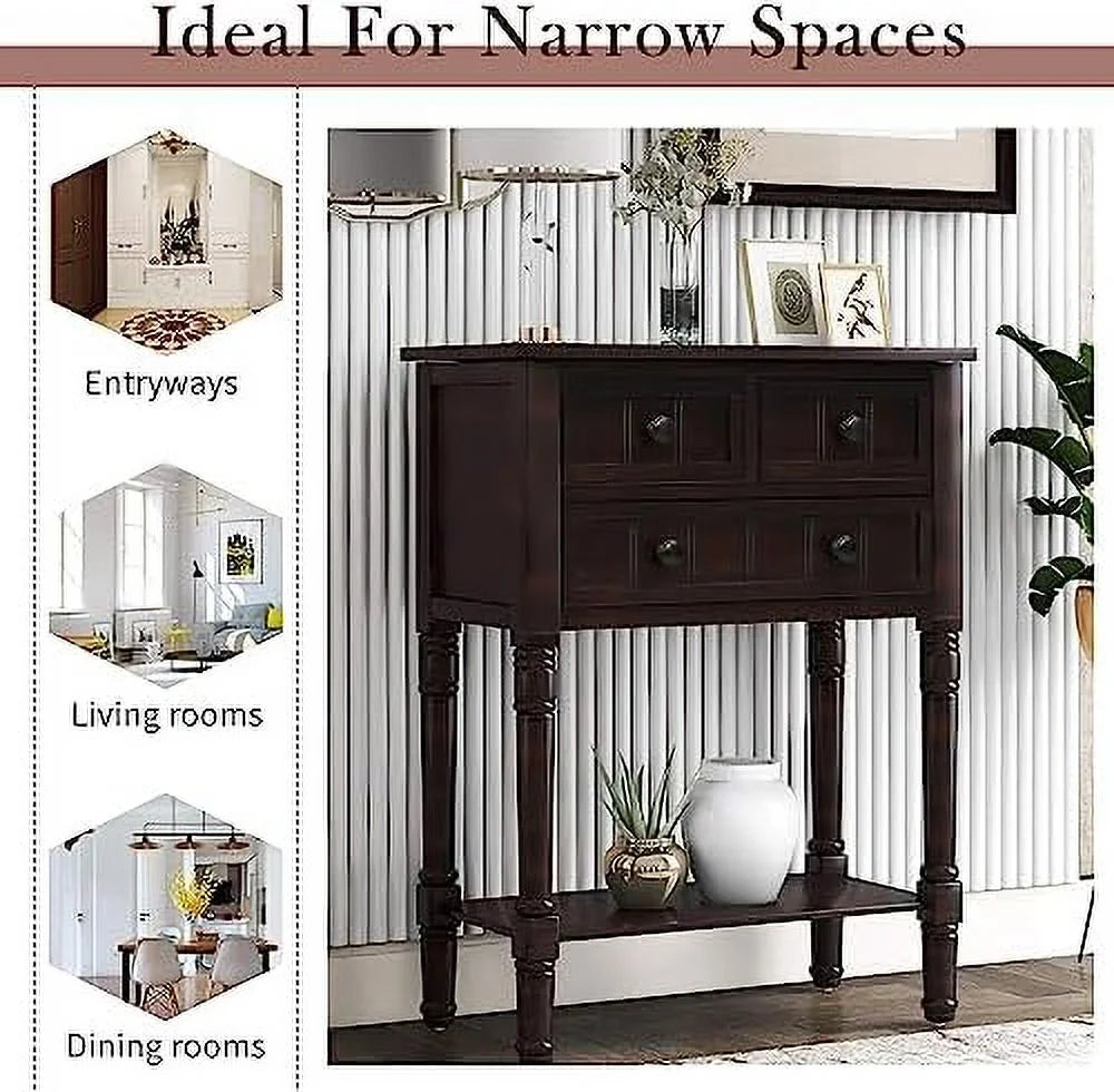 White Narrow Console Table with Drawers L619