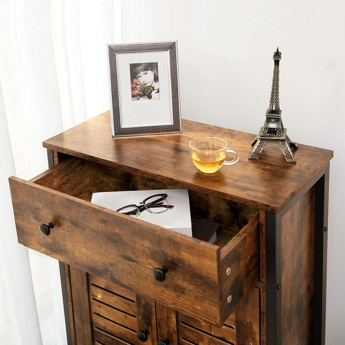 Rustic Brown Kitchen Sideboard Floor Storage Cabinet with Drawers and Height-Adjustable Shelves Q8594