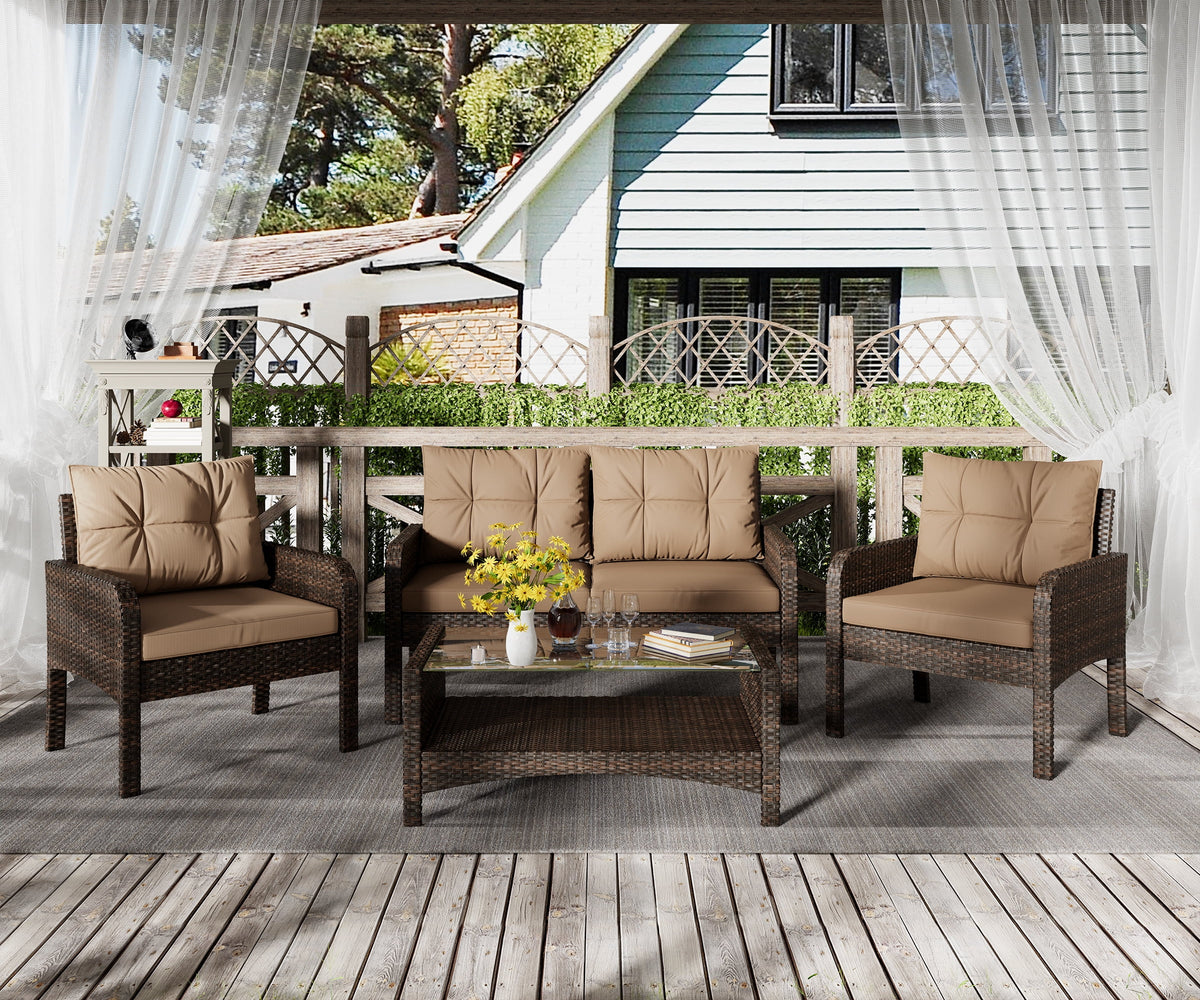 4-Piece Outdoor Rattan Wicker Sofa Set with Cushions & Coffee Table M41079