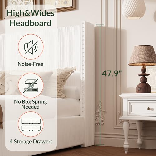King Size White Corduroy Upholstered Platform Bed Frame with 4 Storage Drawers X574