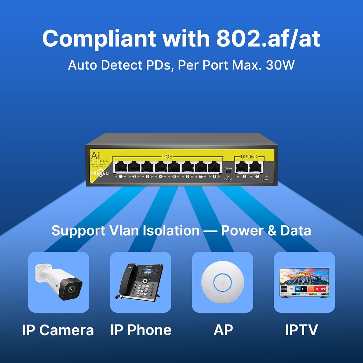 8 Port PoE Switch with 2 Ethernet Uplink Ports, 120 W, Metal Case K476791