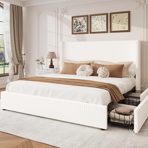 King Size White Corduroy Upholstered Platform Bed Frame with 4 Storage Drawers X574