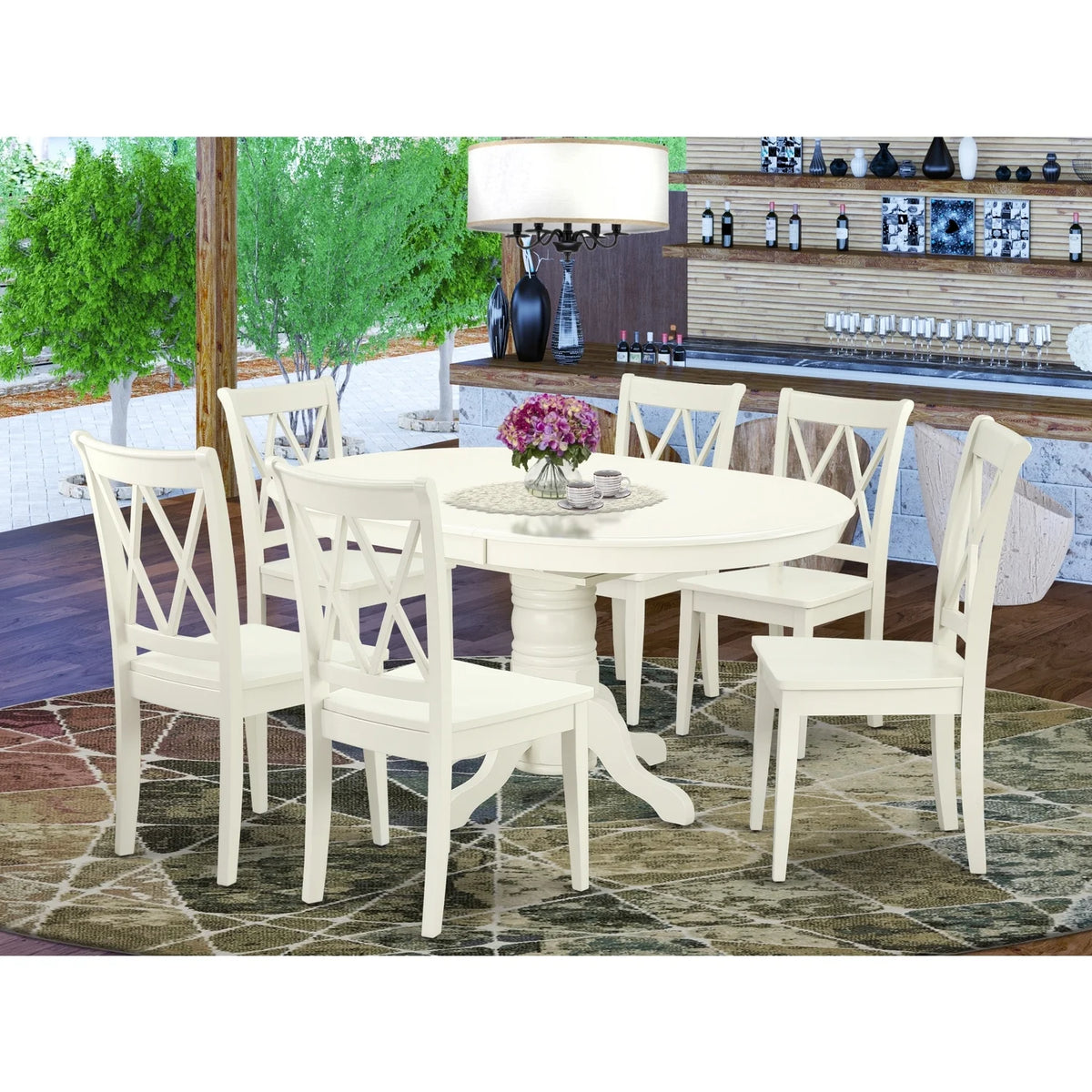 7Pc Oval 42/60 Inch Table With 18 In Leaf And 6 Double X Back Chairs Q51122