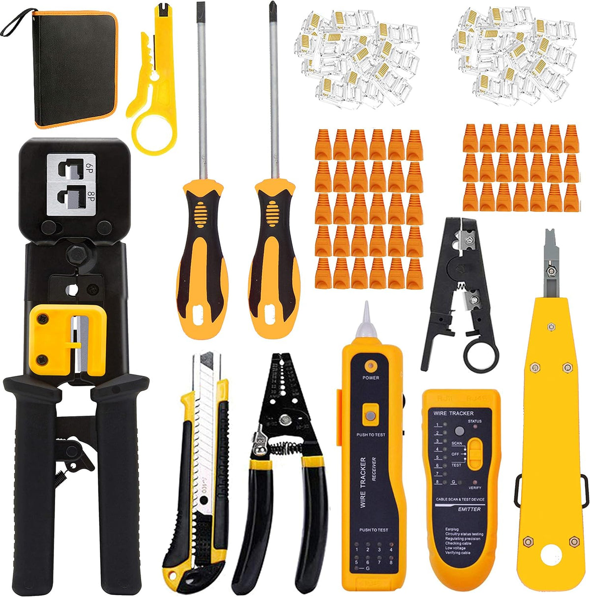 RJ45 Crimper Cat5/Cat5e/Cat6 Tool Set with 50PCS Connectors, 50PCS Covers Network Wire Stripper Kit (Dark) Pack of 2 X4505