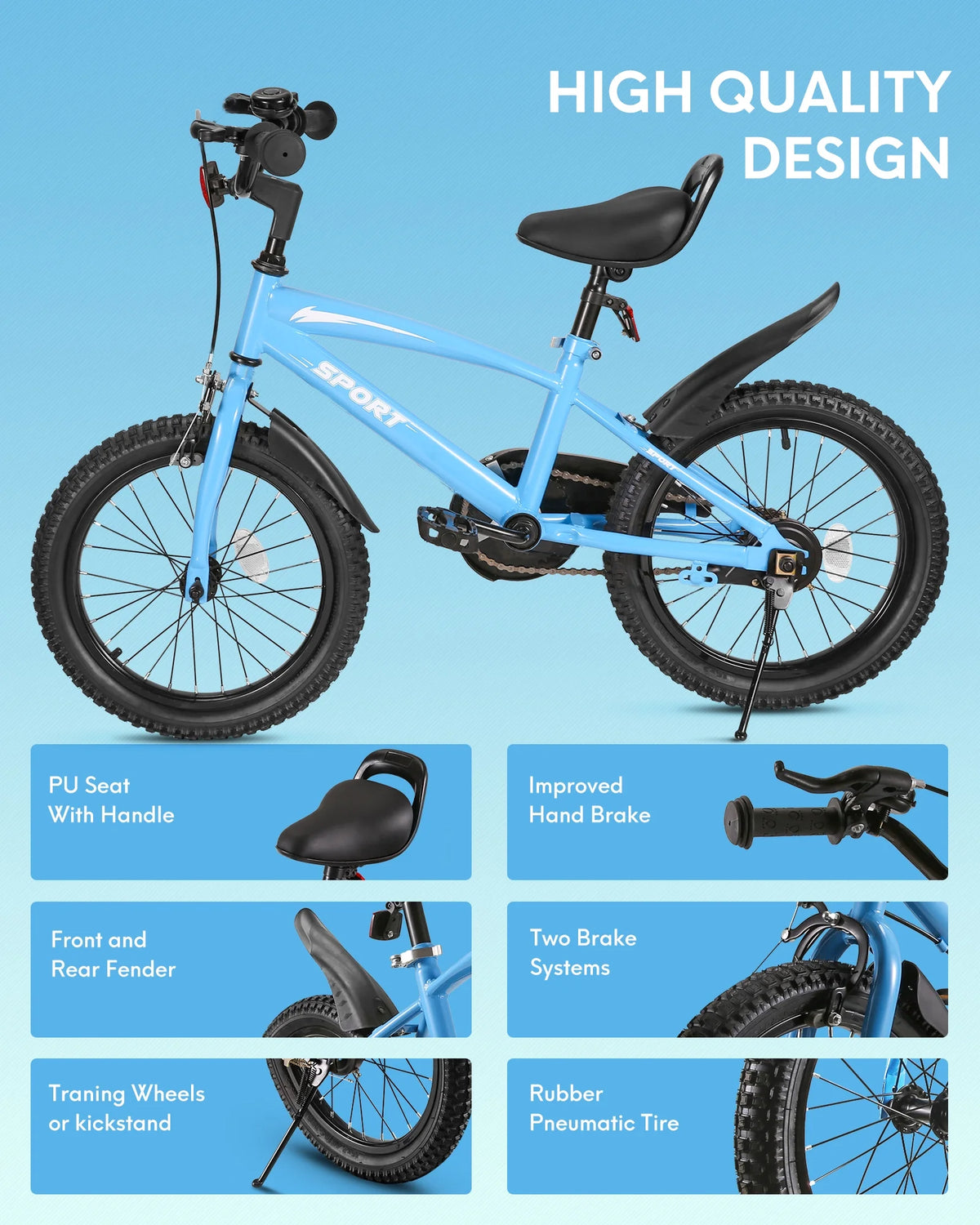 16 Inch Blue Kids Bike with Training Wheels C6276