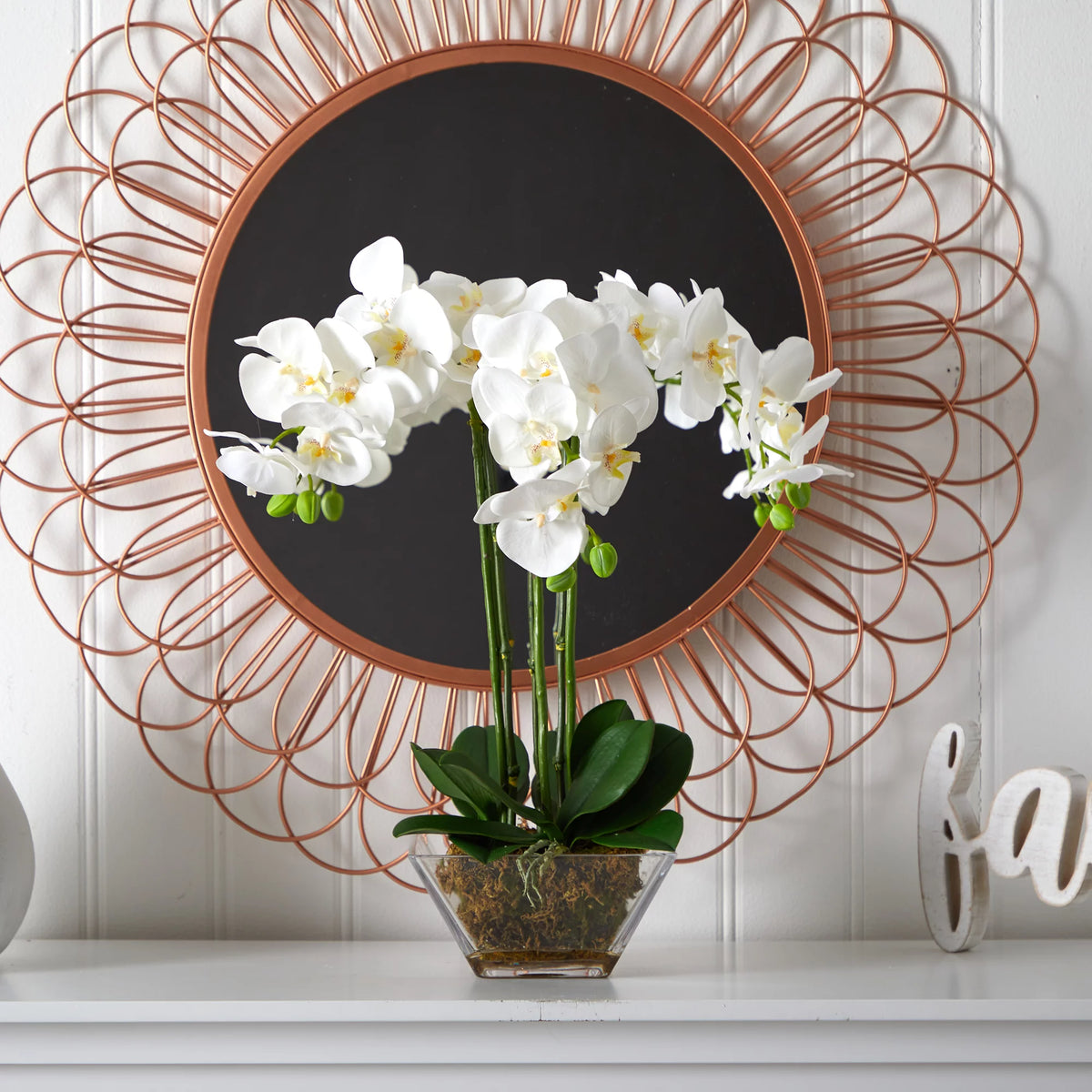 White Artificial Orchid Flowers in Glass Vase B329545
