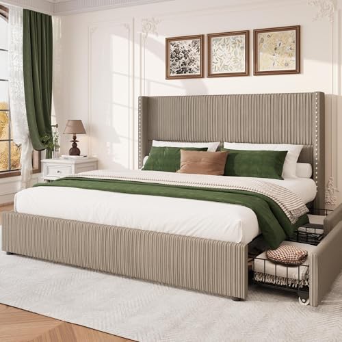 King Size White Corduroy Upholstered Platform Bed Frame with 4 Storage Drawers X574