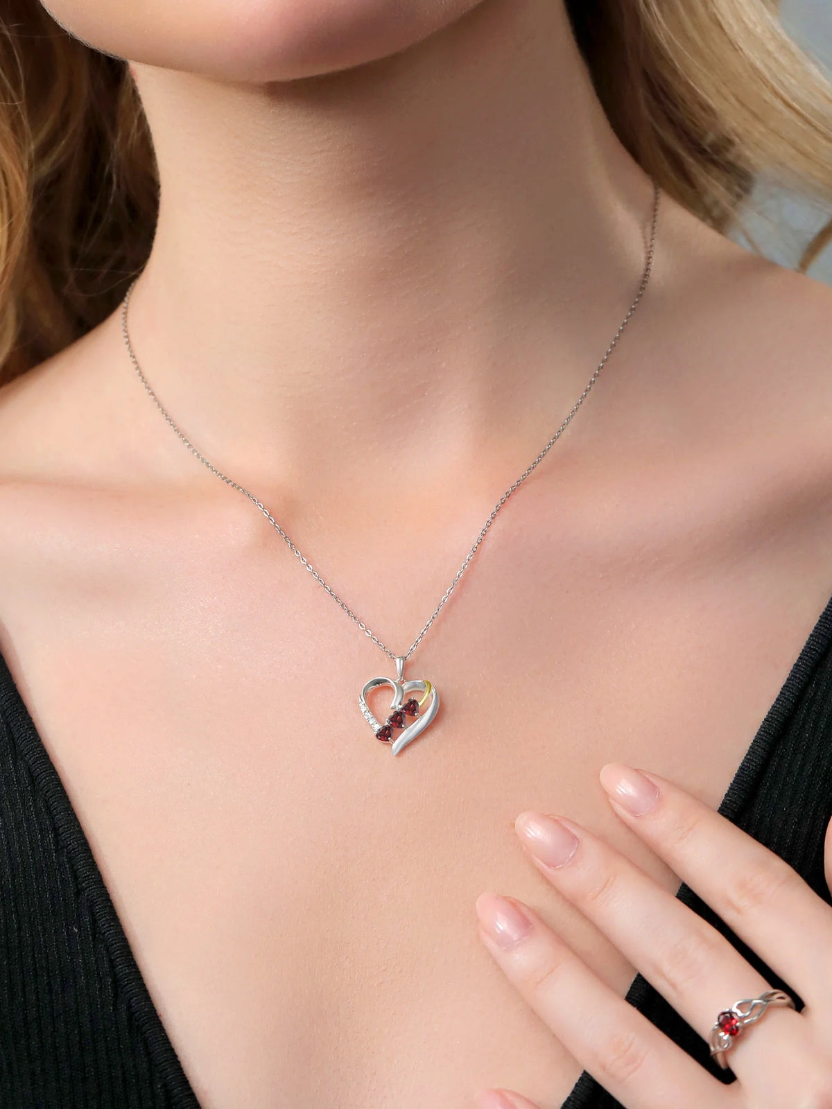 Red Garnet and White Lab Grown Diamond Pendant Necklace with 18 inch Silver Chain S71447