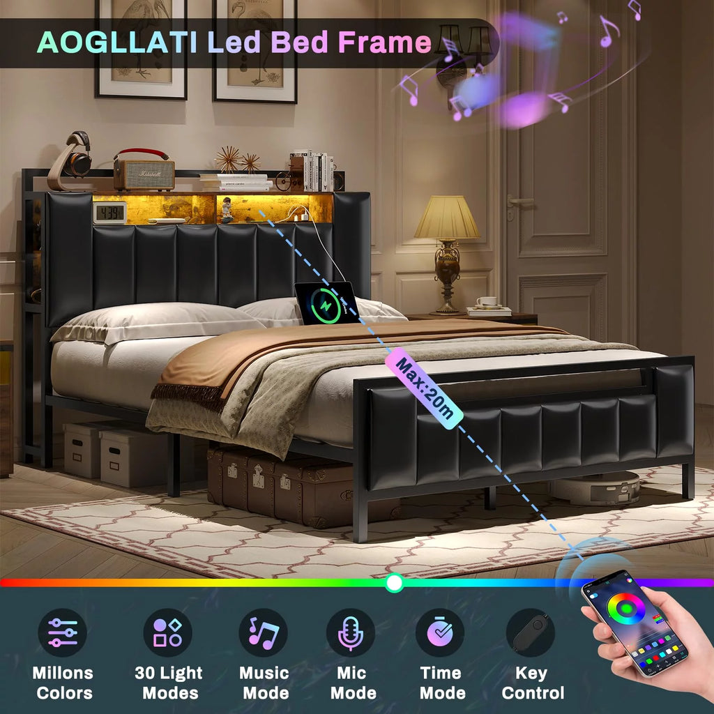 Queen Bed Frame with Storage Headboard and Led Light V121297