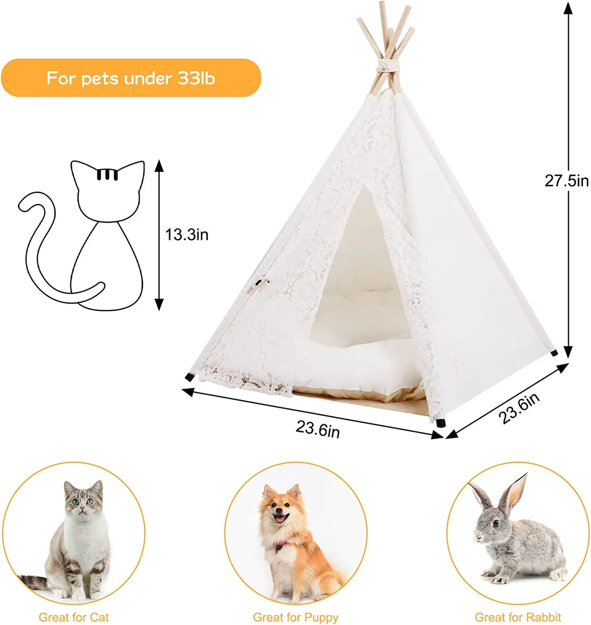 Pet Teepee Tent with Luxury Cushion, L, Washable S848