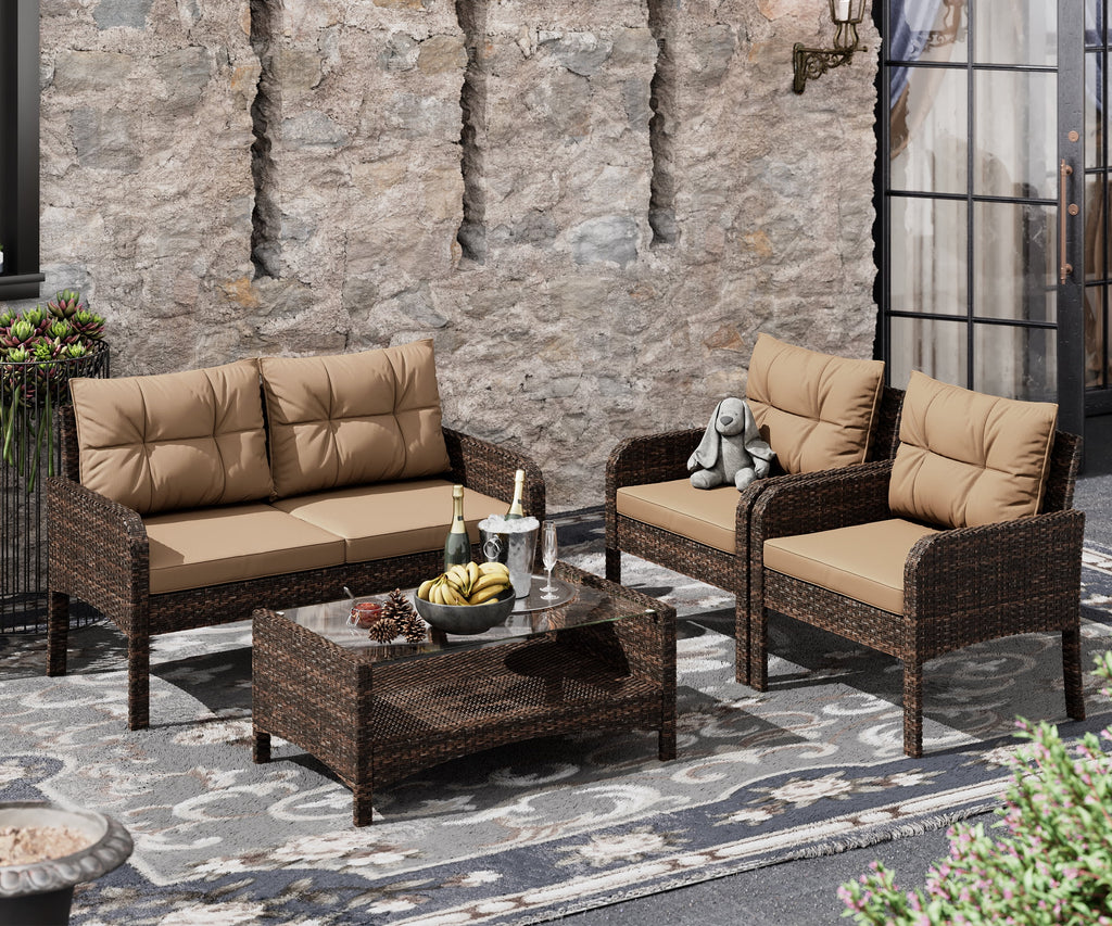 4-Piece Outdoor Rattan Wicker Sofa Set with Cushions & Coffee Table M41079