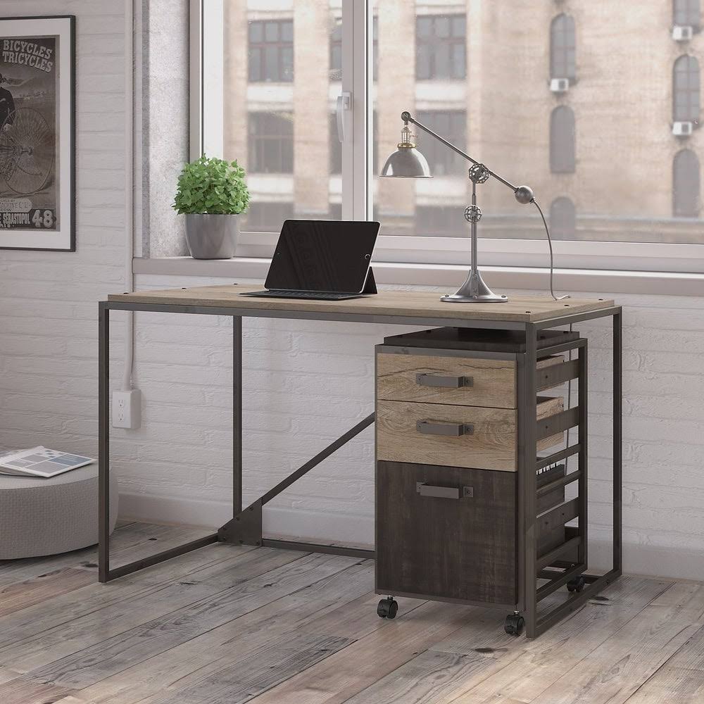Industrial Desk with 3 Drawer Mobile File Cabinet in Dark Gray Hickory W77854