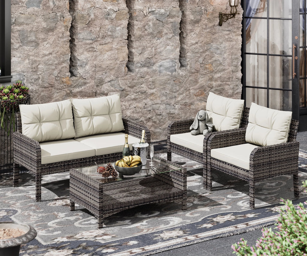 4-Piece Outdoor Rattan Wicker Sofa Set with Cushions & Coffee Table M41079