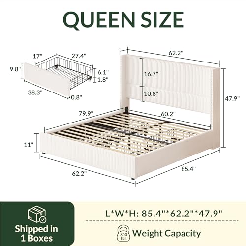 King Size White Corduroy Upholstered Platform Bed Frame with 4 Storage Drawers X574