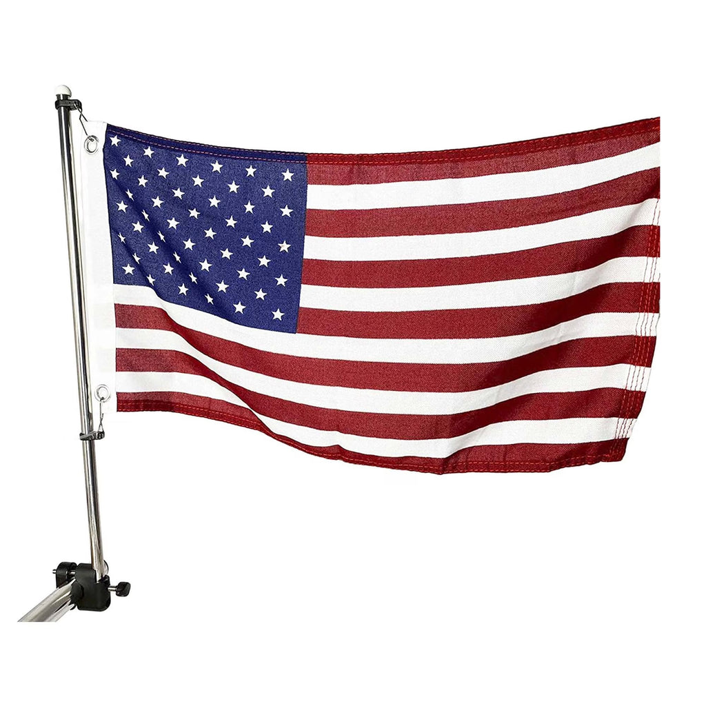 21 inch Stainless Steel Rail Mounted Flag Staff with Black Plastic Flag Pole Base and 12 X 18 inches US Flag O62616