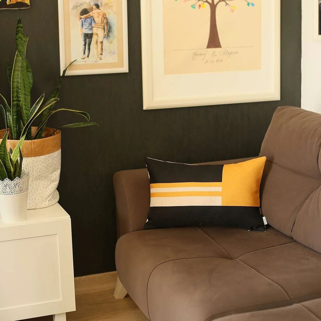 Yellow and Black Geometric Lumbar Throw Pillow E67779
