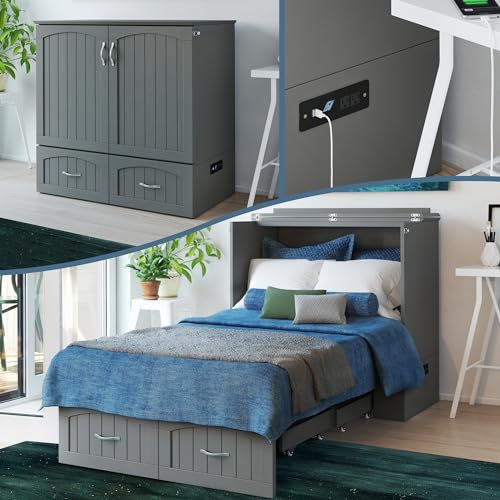 Queen Murphy Bed Chest with Mattress and Storage in Grey I4333