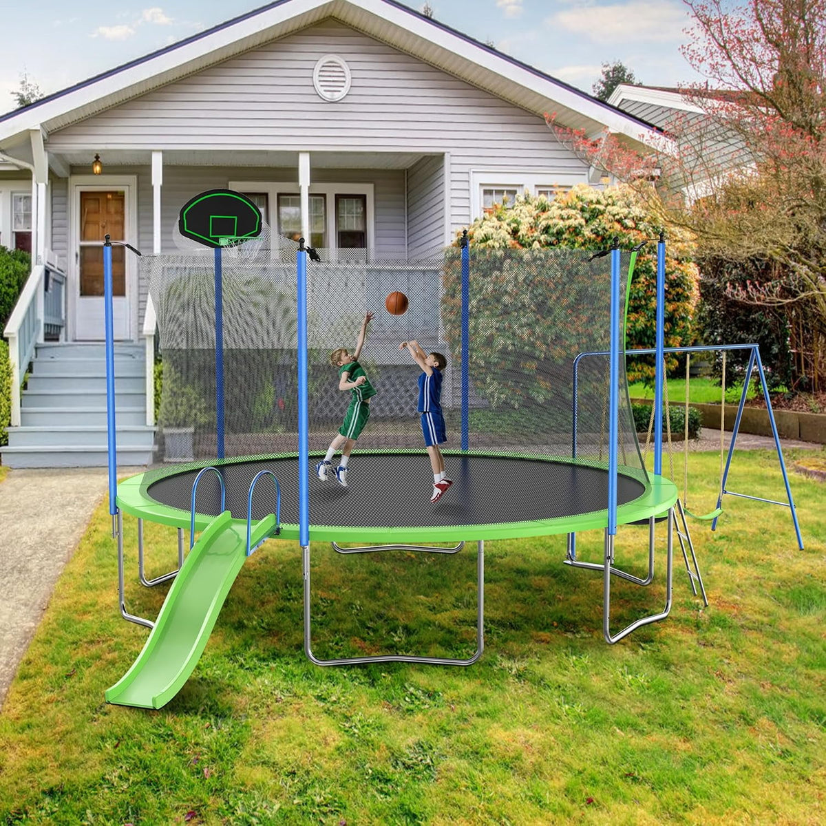 14FT Trampoline with Enclosure Slide Swing & Basketball Hoop A526426