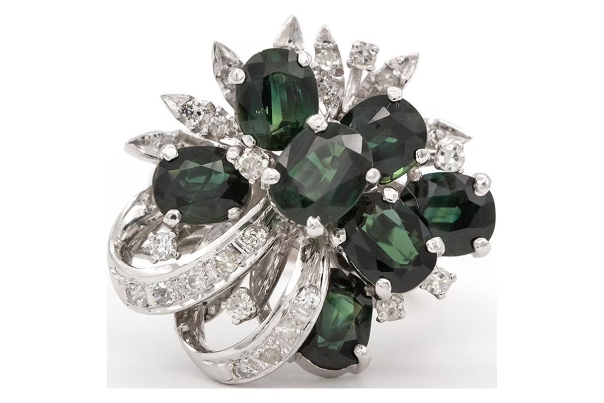 18k White Gold Sapphire Diamond Cluster Ring P674