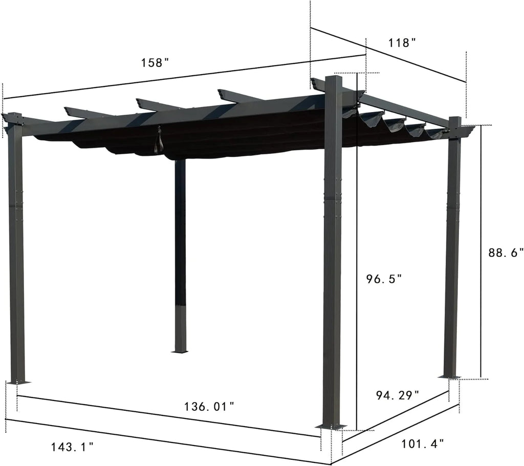 Extra-Large Gray Aluminum Frame Pergola with Sunshade Canopy 10' x 13' P799446
