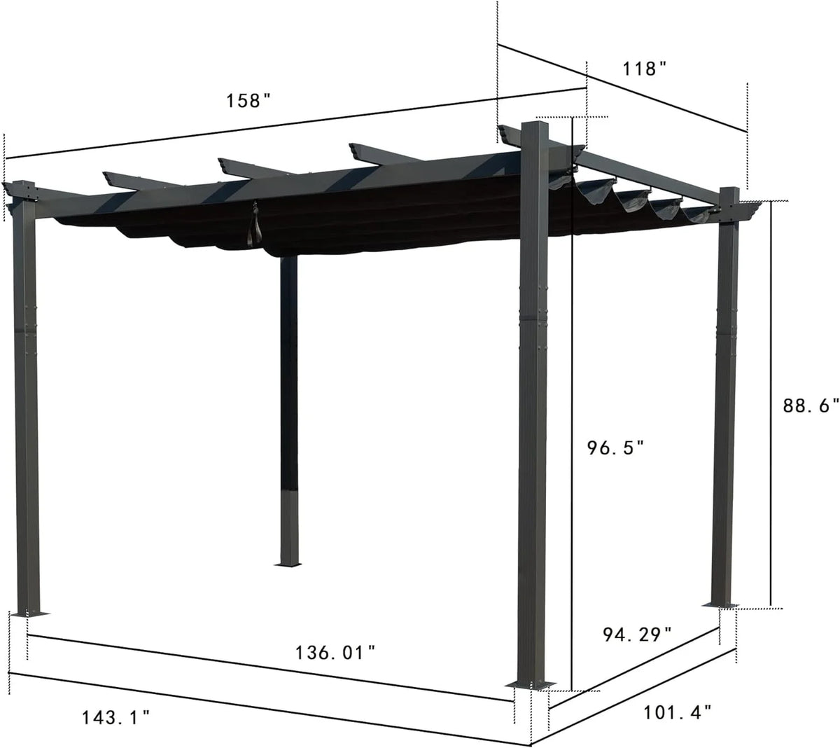 Extra-Large Gray Aluminum Frame Pergola with Sunshade Canopy 10' x 13' P799446